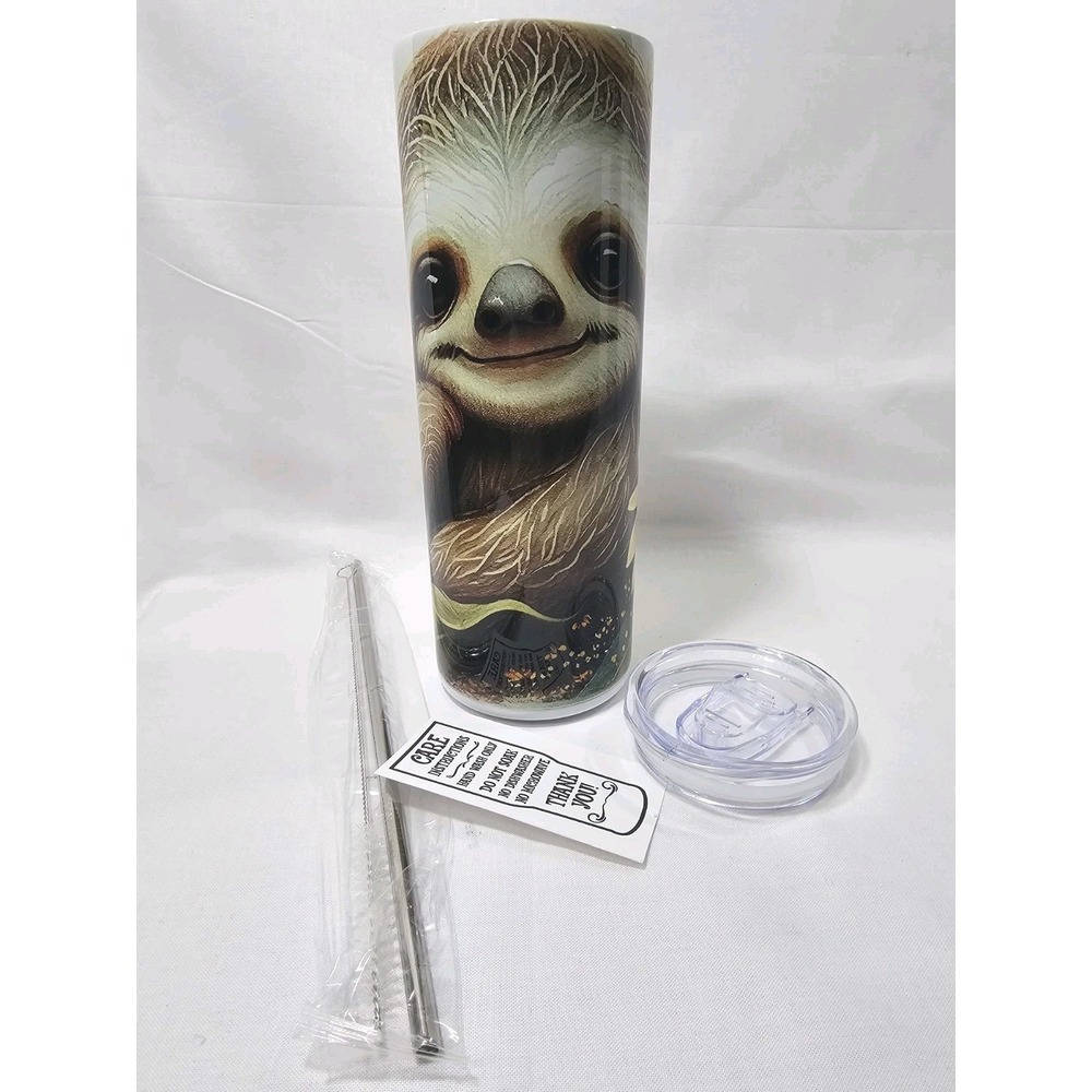 Happy Sloth Smile Animal Print Flowers Fun 20oz Stainless Steel Skinny Tumbler